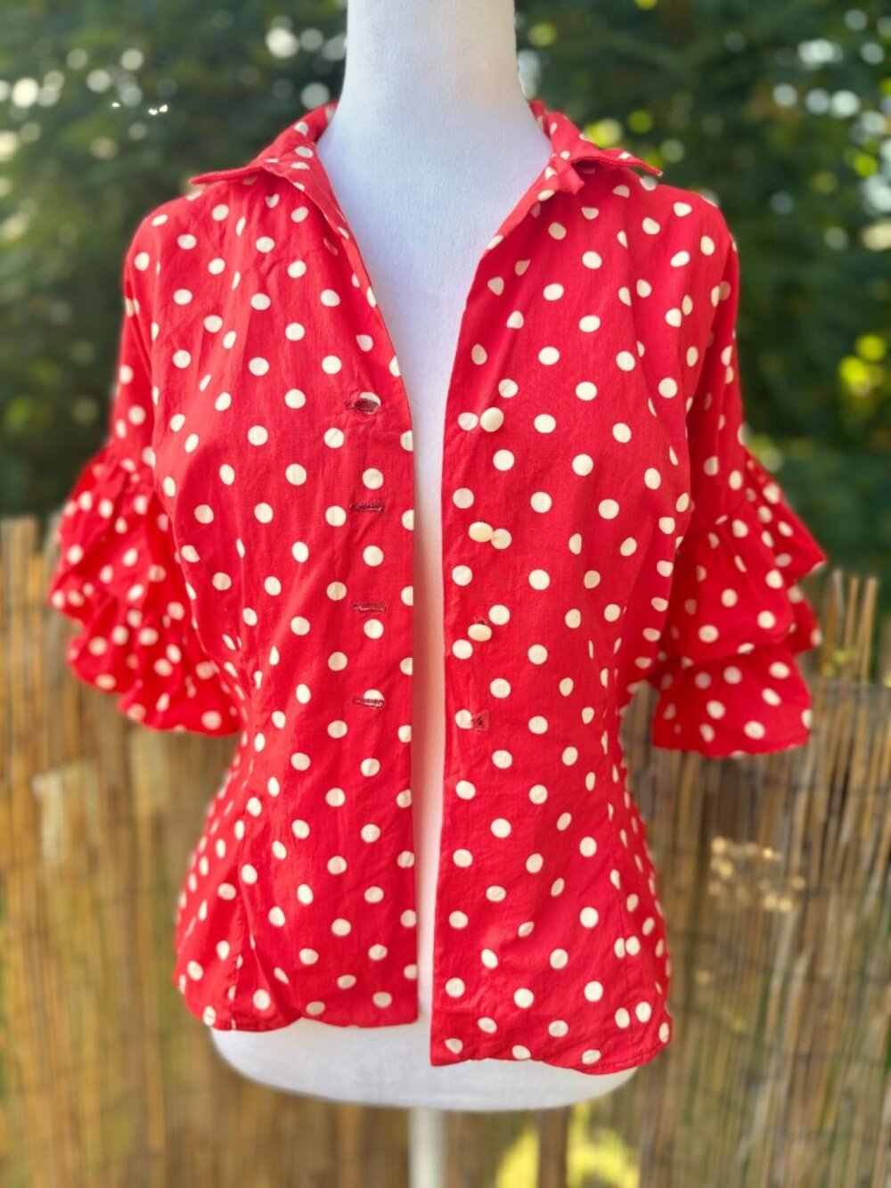 Vintage 1960s Half Ruffle Sleeve Button And Down Cotton Blouse In Red And White